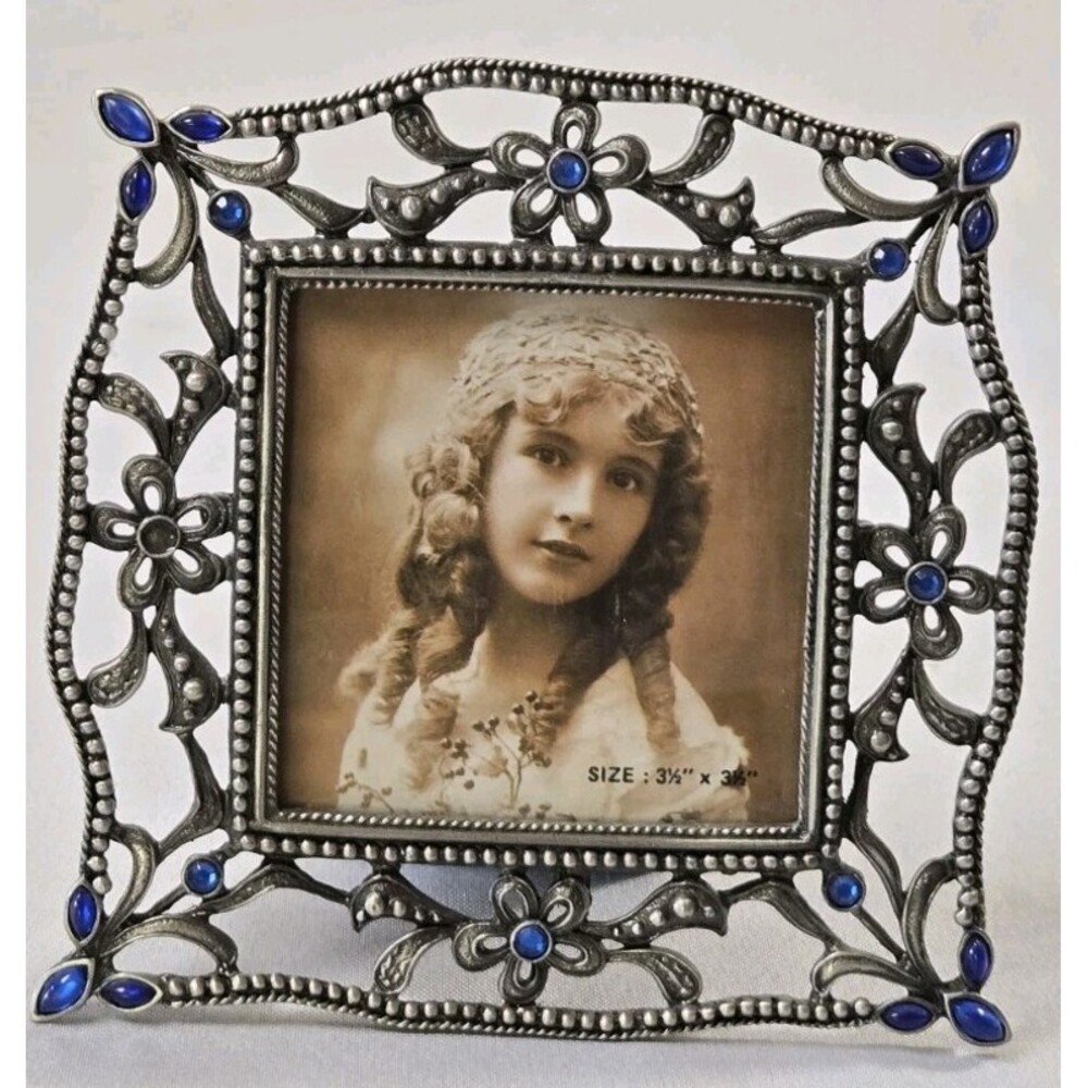 Decorative Metal 3.5x3.5 Picture Frame Blue Stones Aged Hermitage Tabletop